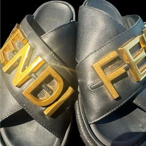 Fendi Black and Gold Leather Sandals